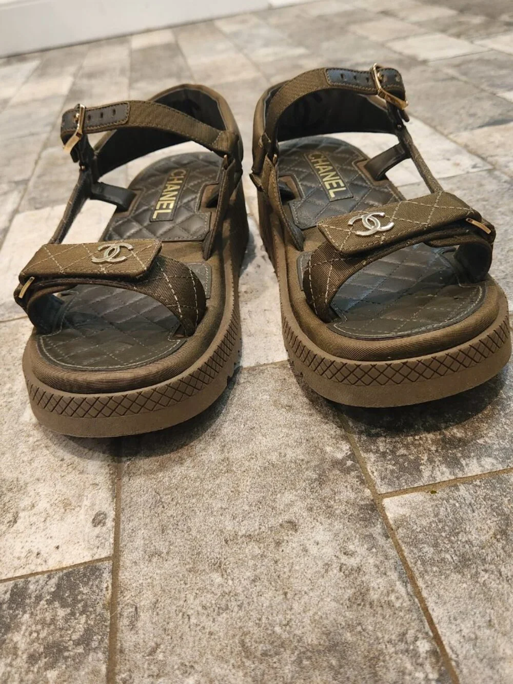 Khaki Chanel Slingback Sandals, Authentic, LNWT